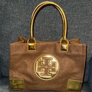 TORY BURCH BROWN & GOLD TOTE BAG!